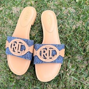 Lauren Ralph Lauren Tan and Blue Slide Sandals